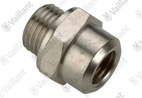 Vailant Nippel, metallisch, mit einem gewindetragenden Ende und einem Anschlussstück. Geeignet für Heizungs- oder Sanitärinstallationen.